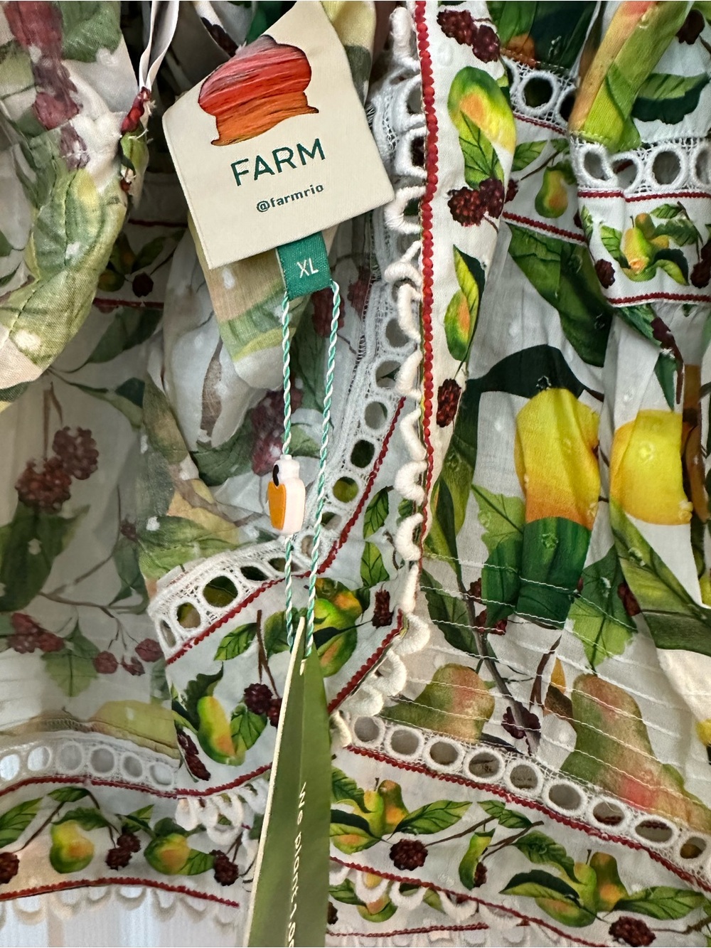 FARM Rio Corset Back Puff Sleeve Blouse Fruit Orchard Print 100% Cotton XL - Picture 11 of 11